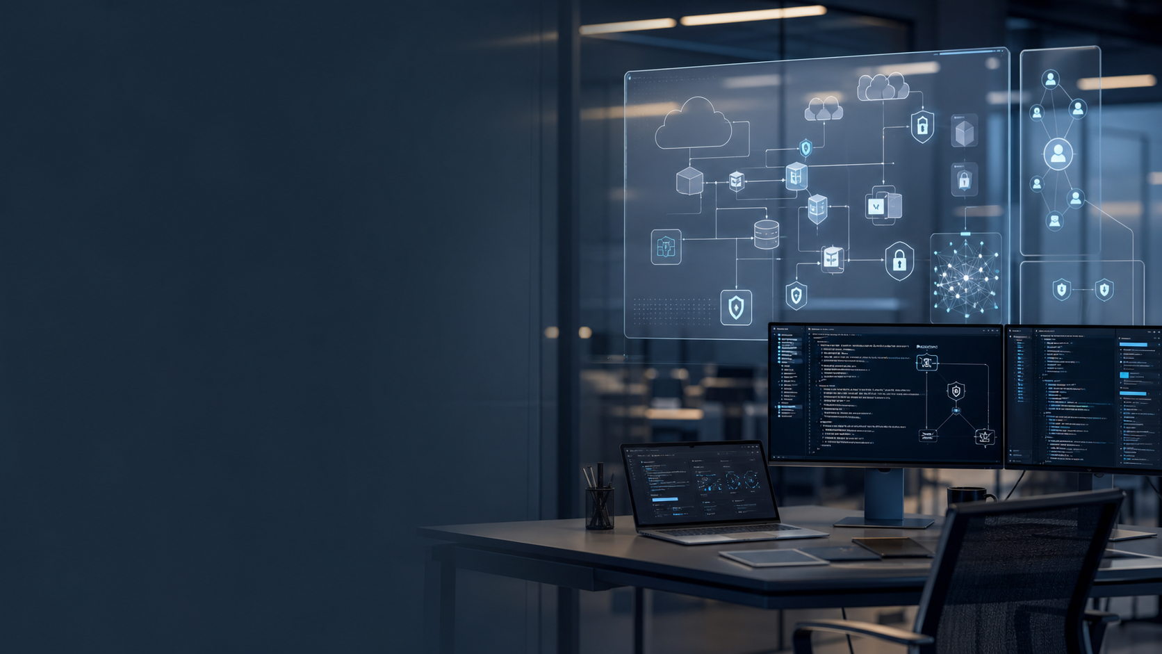 Enterprise security architecture workspace with cloud, identity, and secure delivery visuals